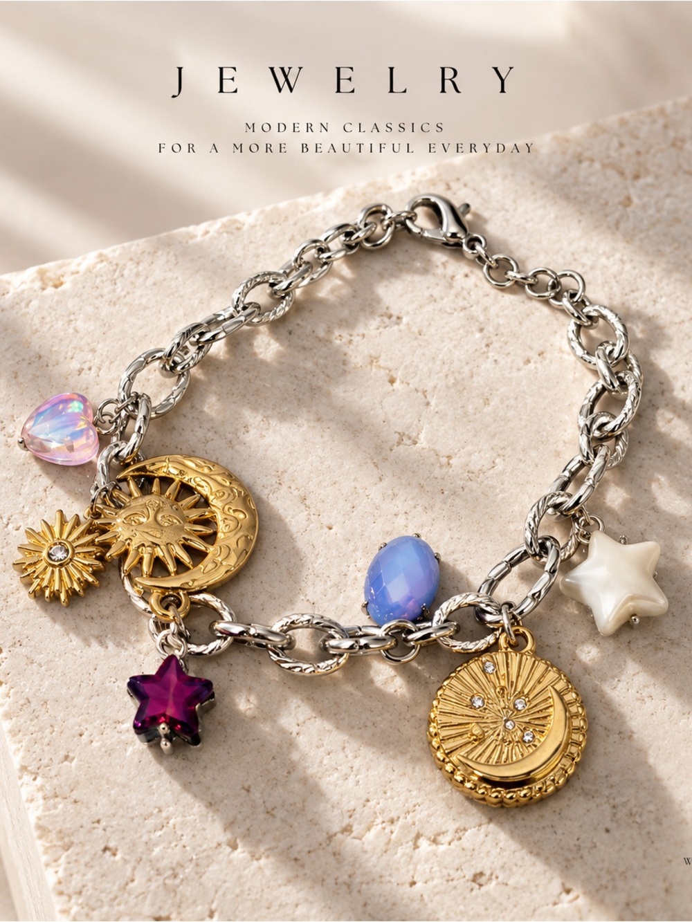 Celestial Charm Bracelet with Multicolor Gem Accents